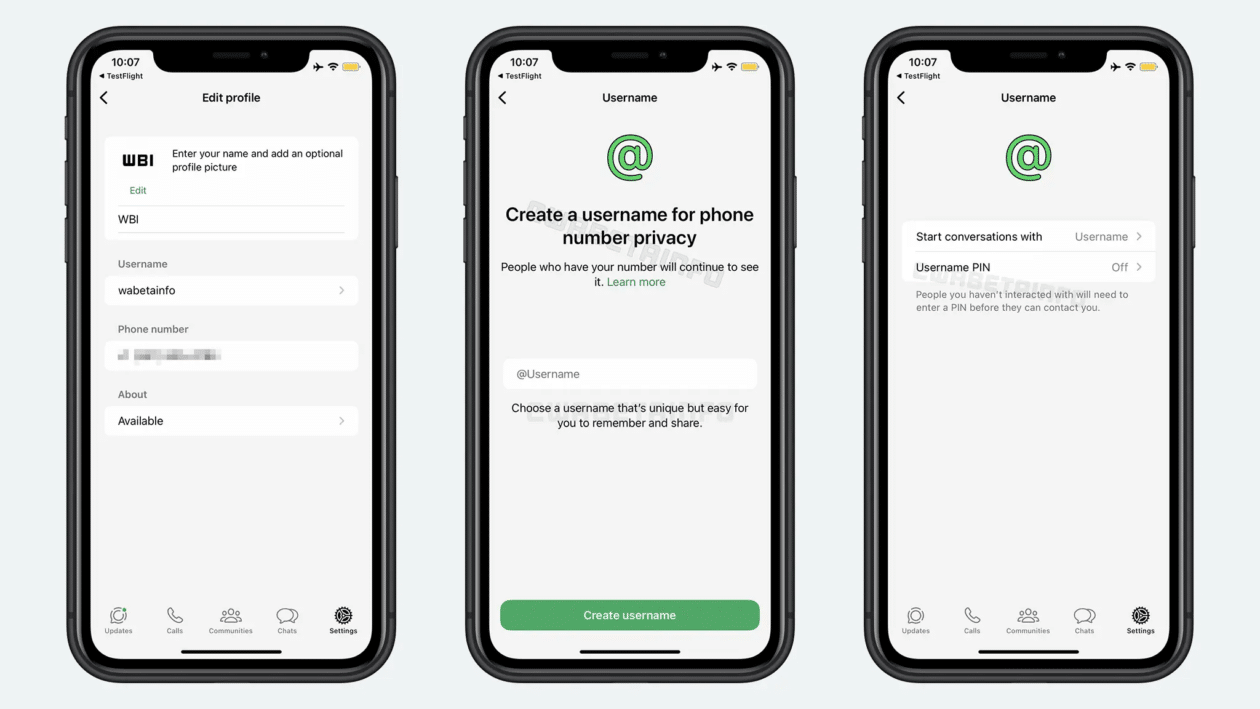 WhatsApp prueba nombres de usuario y PIN