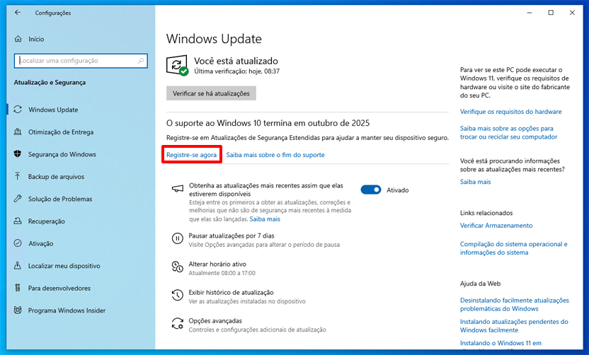 Notificación para unirse a las actualizaciones de seguridad extendidas o al programa ESU en Windows 10 Windows Update