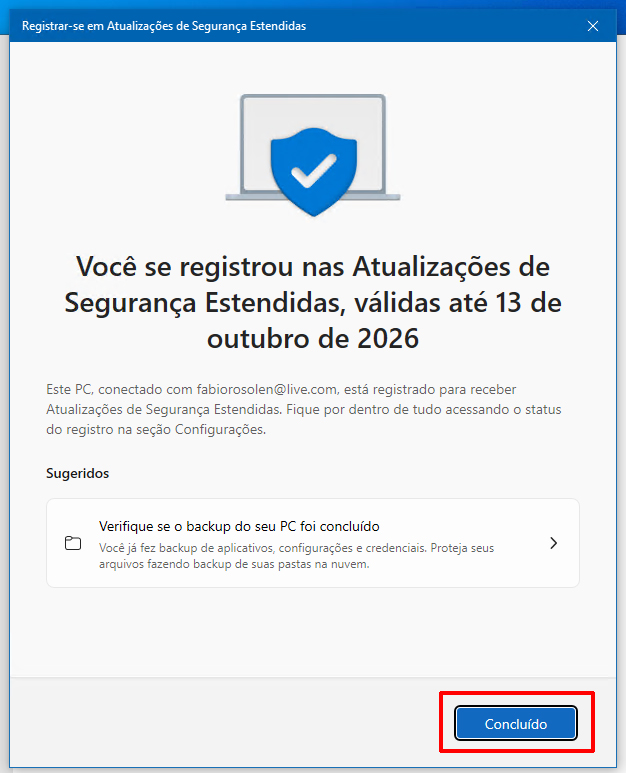 Confirmación del registro para ingresar el programa de actualizaciones de seguridad extendidas para Windows 10