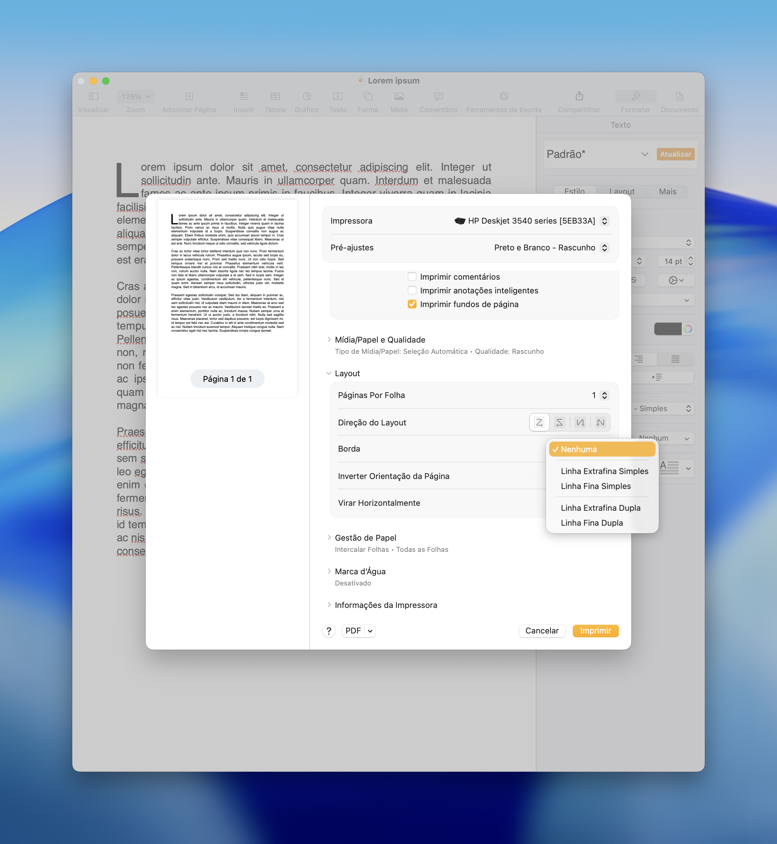 Borde al imprimir en Mac