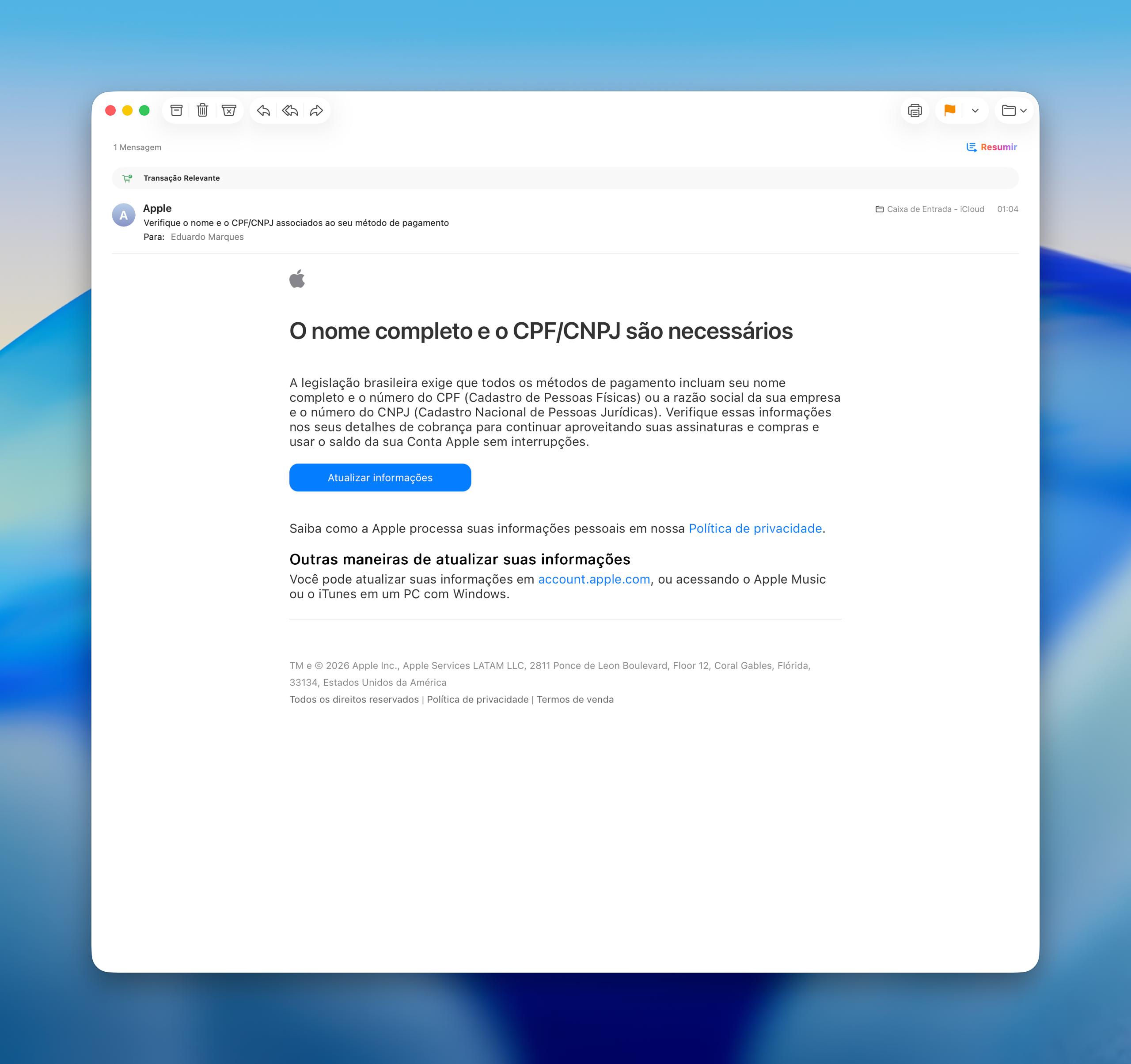 Anuncio de Apple sobre los datos de la cuenta.