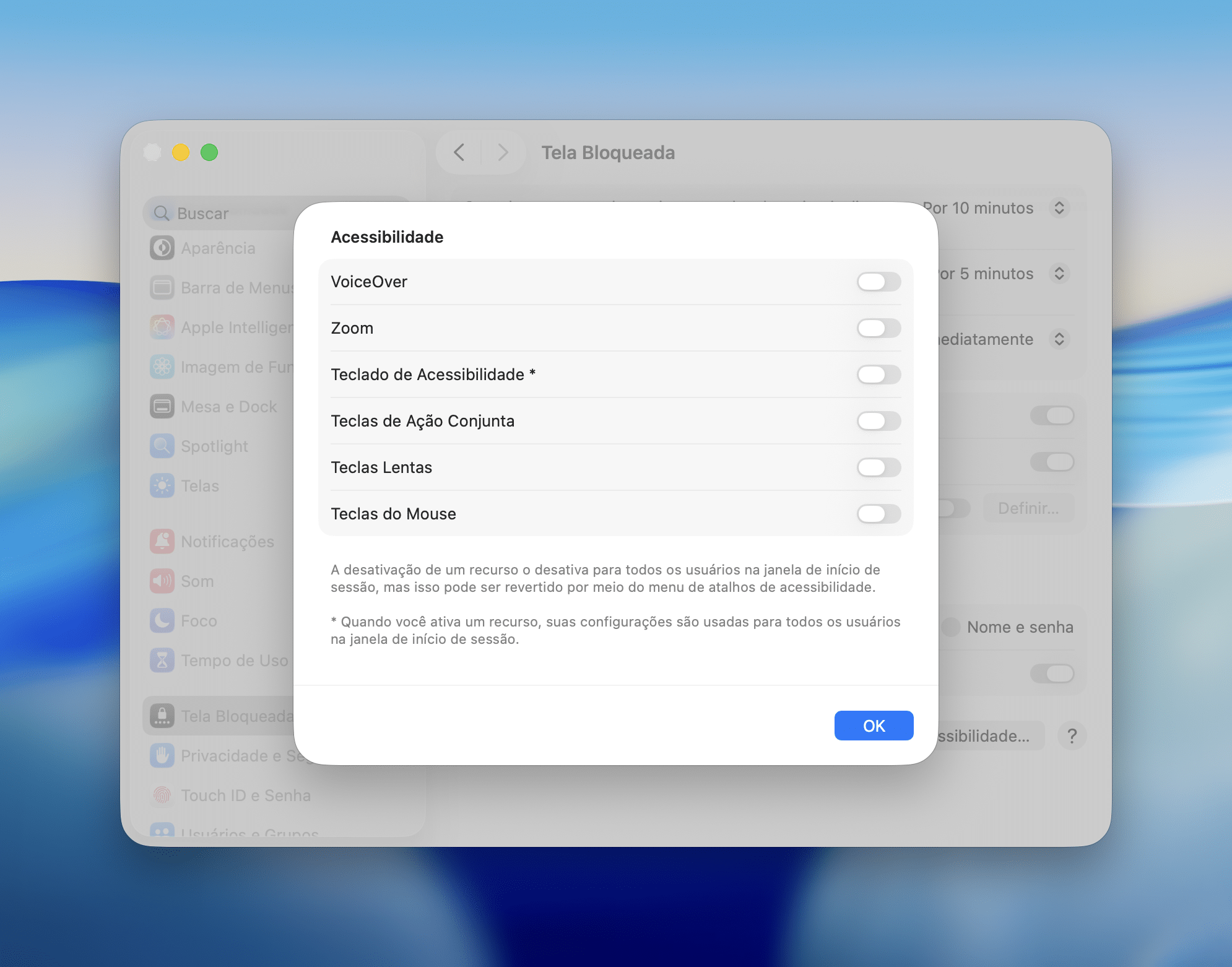 Funciones de accesibilidad en la pantalla de inicio de sesión de Mac