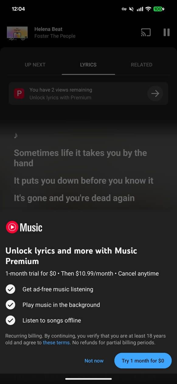 Letras en YouTube Music