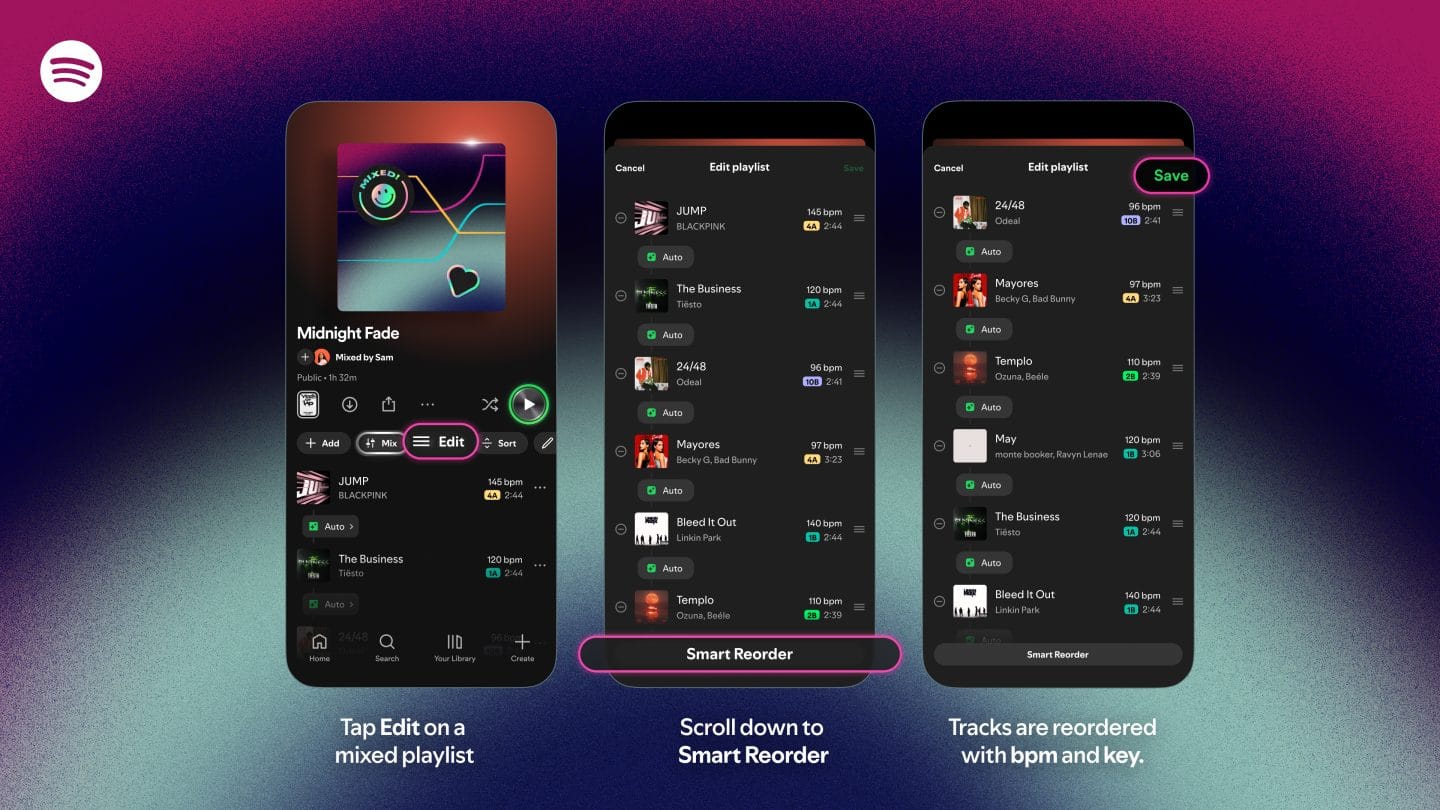 Reordenamiento inteligente, función Spotify