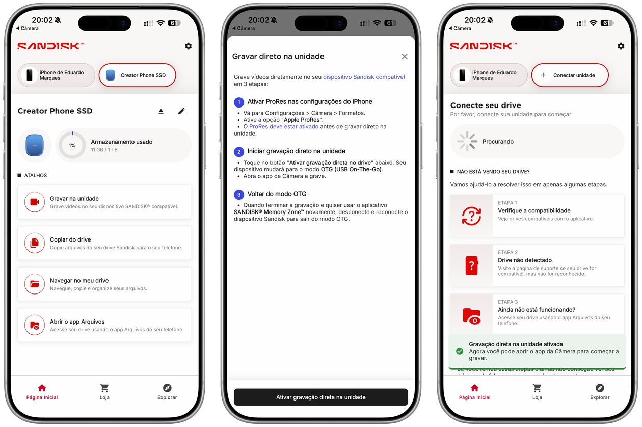 Opción de grabación directa en SanDisk Creator Portable Phone SSD