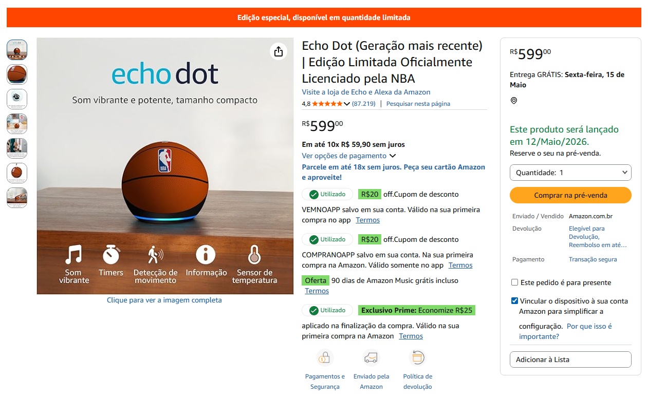 Amazon lanza una edición especial de Echo Dot con forma de balón de la NBA