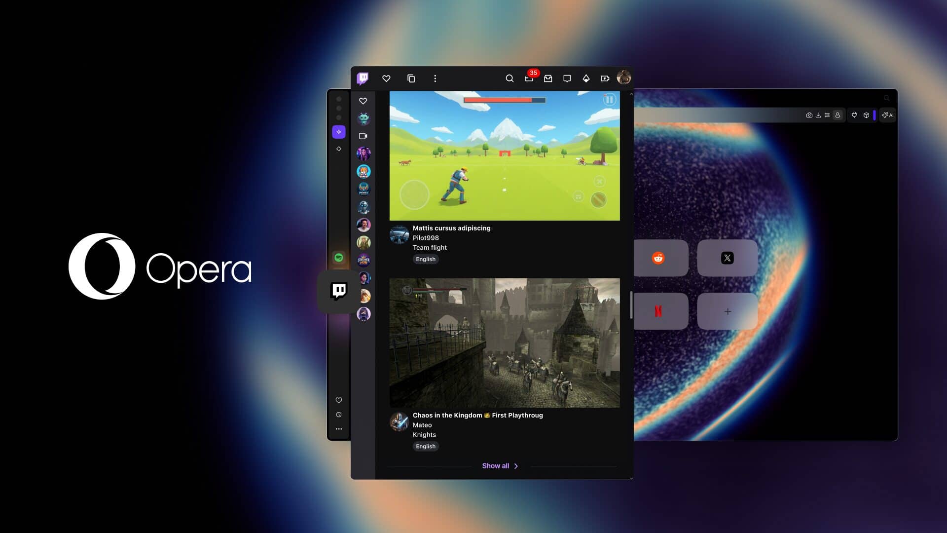 Vista de Twitch en la barra lateral de Opera One