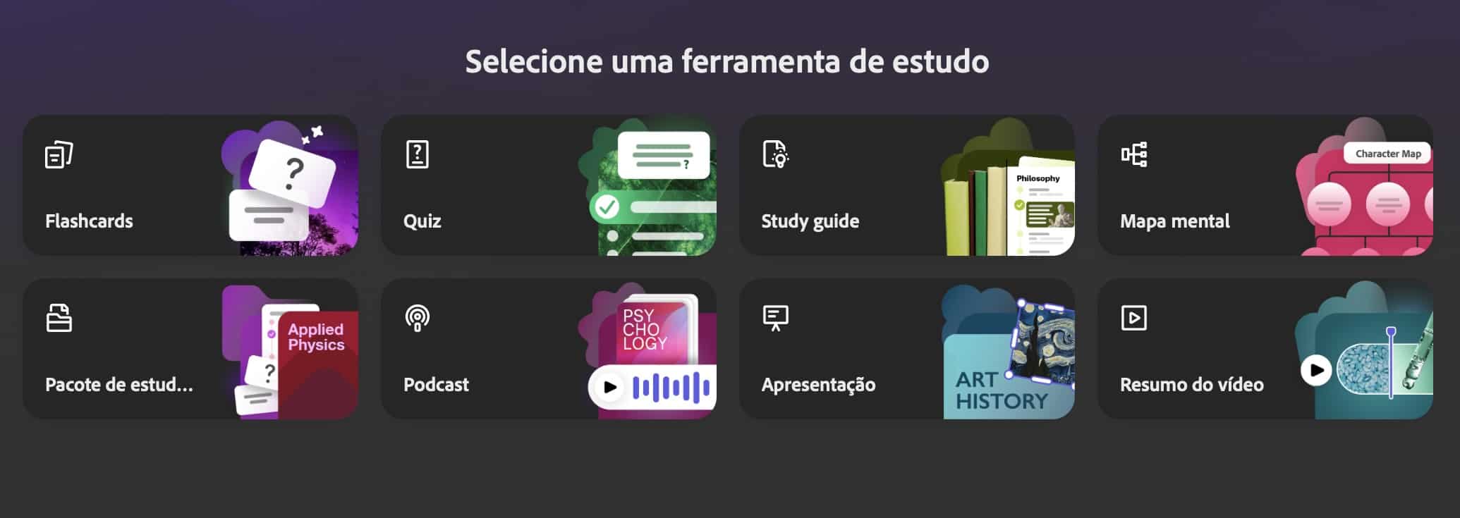 Opciones generativas de Adobe Acrobat Student Spaces a partir del material de estudio enviado por el usuario