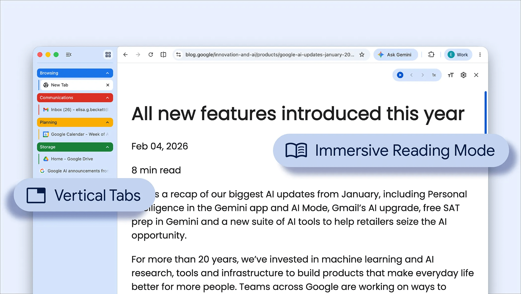Pestañas verticales y modo de lectura a pantalla completa en Chrome