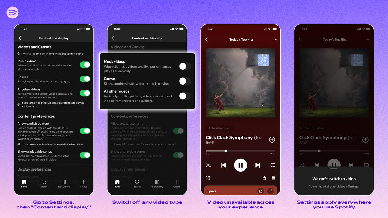 Opción para desactivar vídeos en Spotify