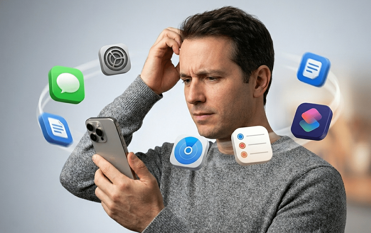 Íconos de aplicaciones alrededor de la cabeza de un hombre sosteniendo un iPhone