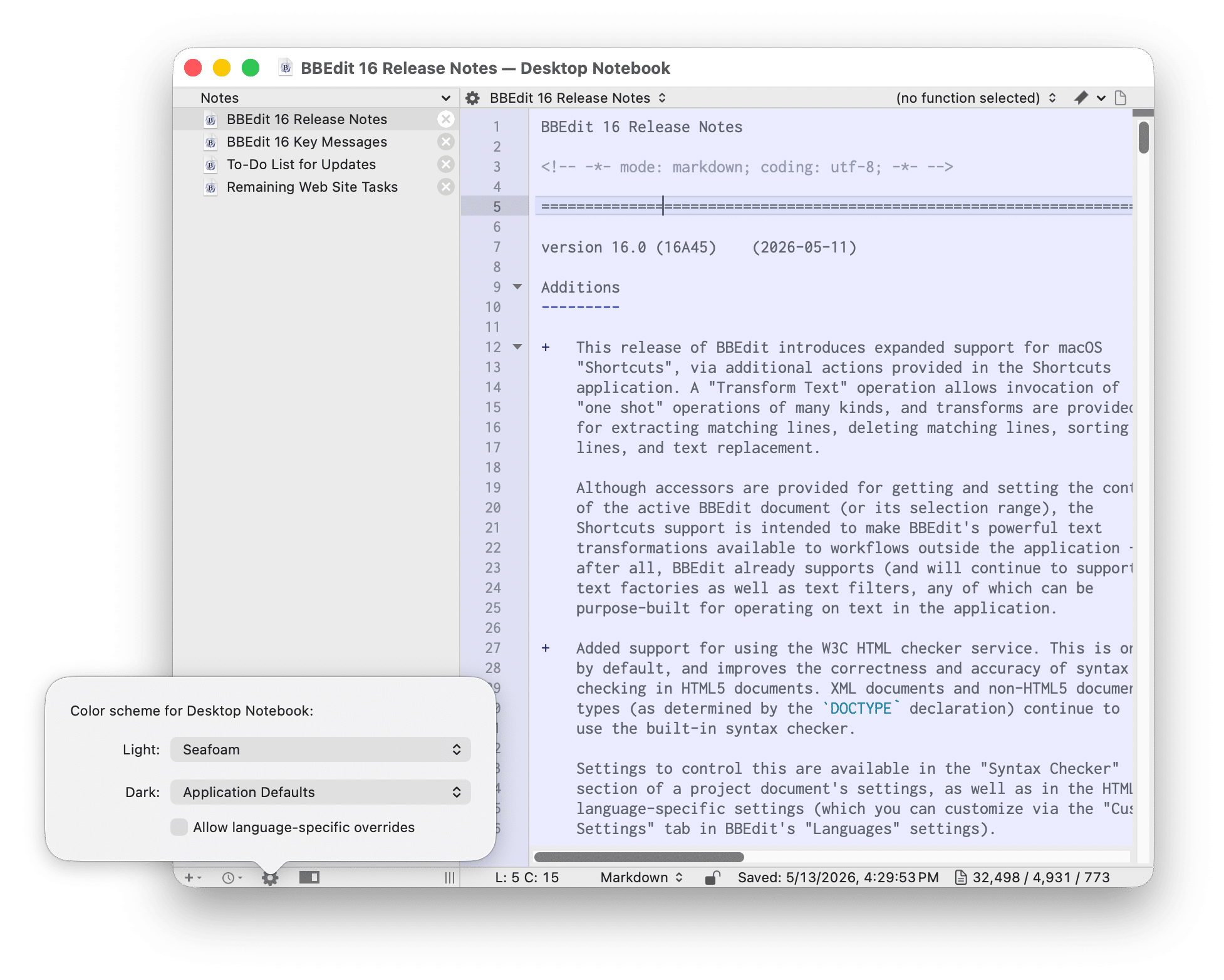 Colores en proyectos y cuadernos en BBEdit 16