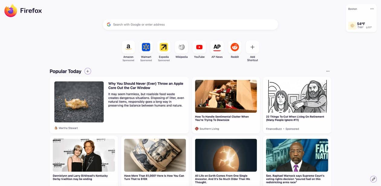 Nueva página de inicio de Firefox 151