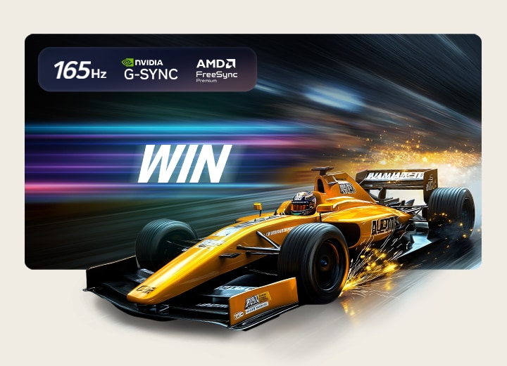 LG OLED evo AI G6 para una jugabilidad inmejorable en 4K 165 Hz muestra un juego de carreras de alta velocidad con un auto amarillo de ruedas abiertas en movimiento, el texto