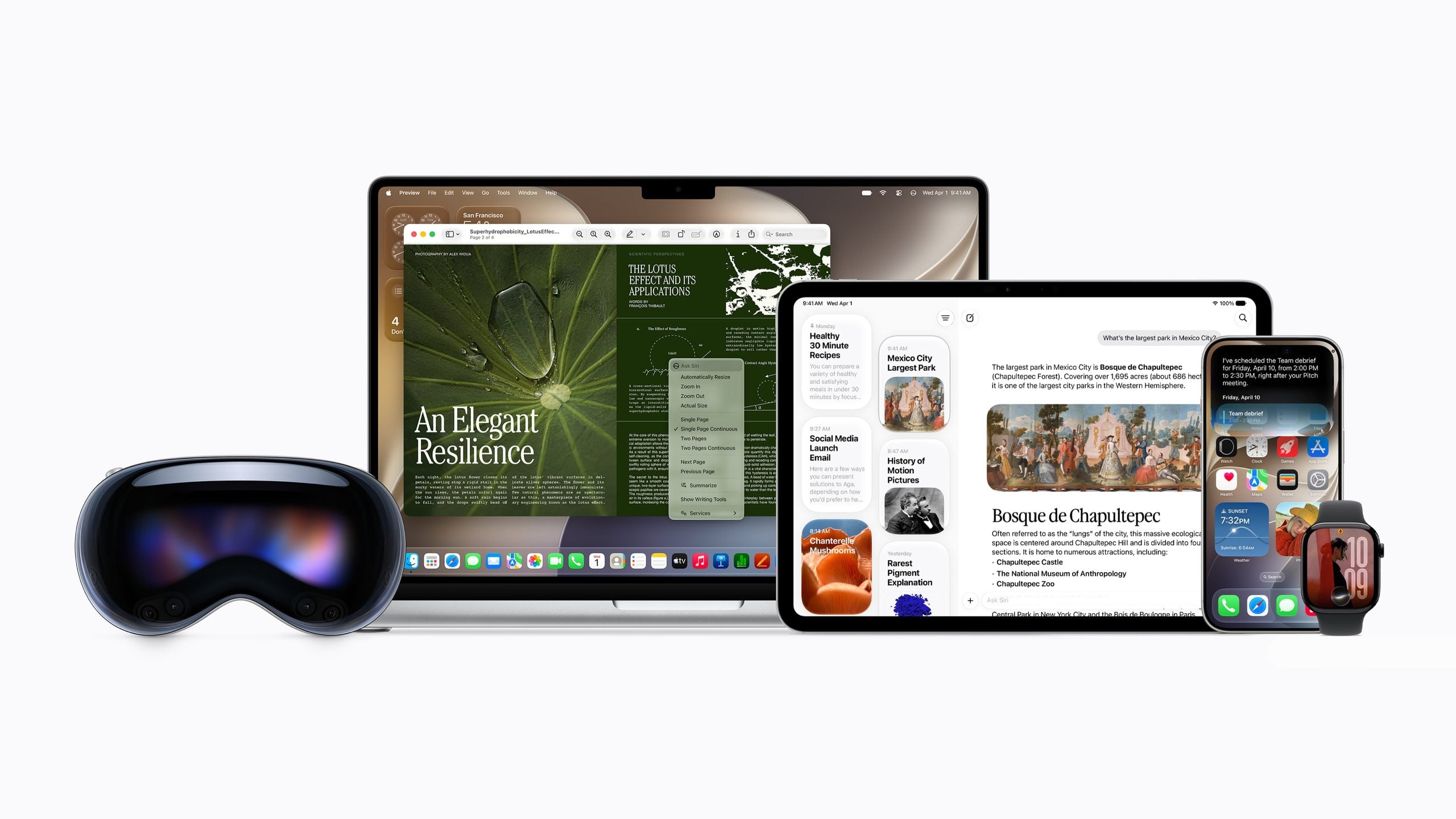 Imagen heroica de Siri AI con Apple Vision Pro, MacBook Pro, iPad, iPhone y Apple Watch