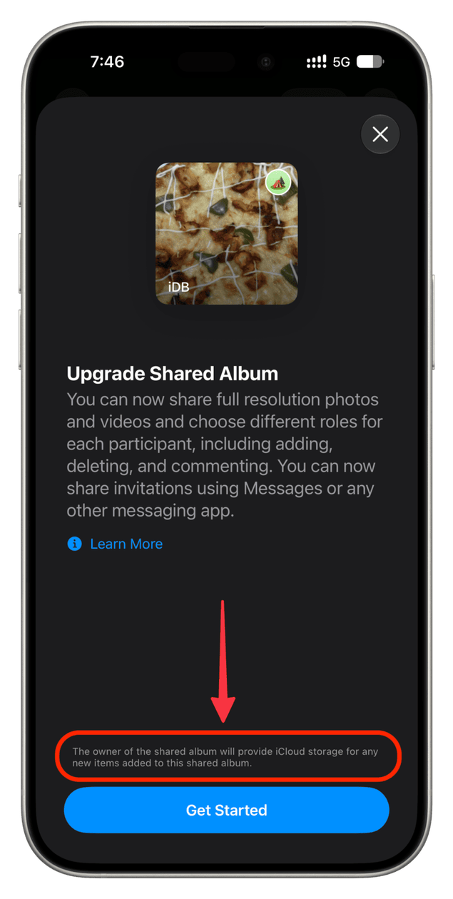Opción "Actualizar álbum compartido" en iOS 27