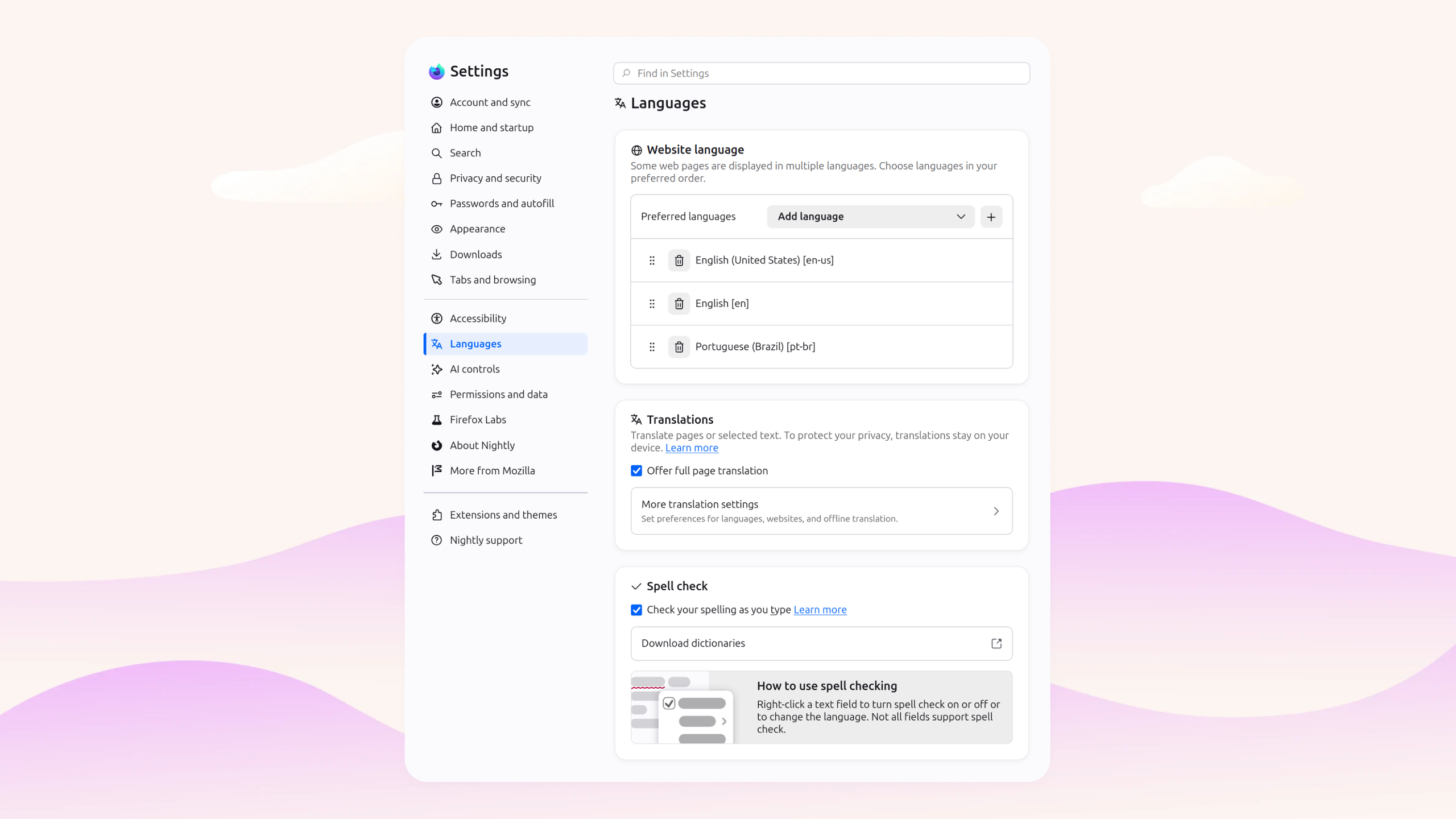 Interfaz de configuración de Firefox 152