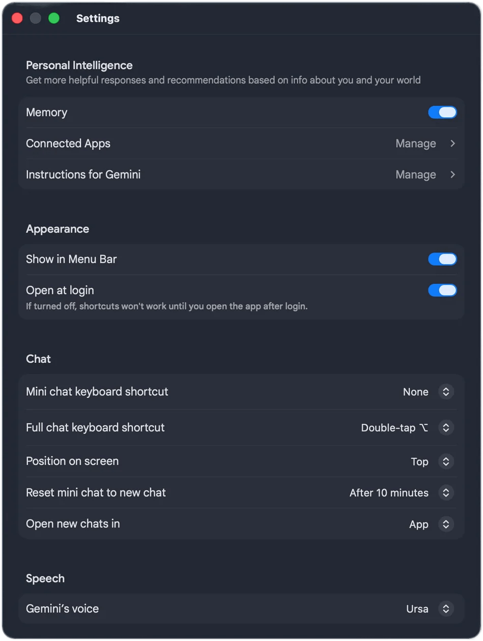 Antiguos ajustes de Gemini para macOS
