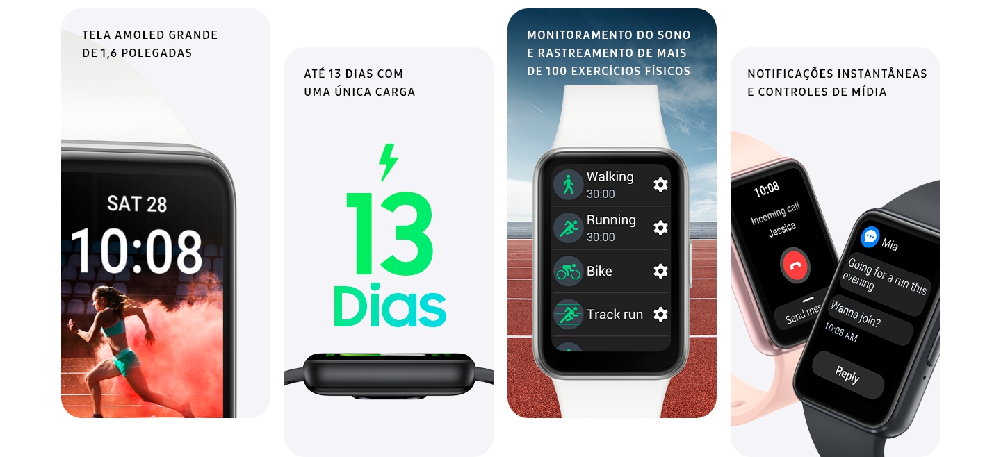 Vemos cuatro mosaicos, cada uno de los cuales muestra una característica diferente del Galaxy Fit3. Uno con la pantalla en primer plano, otro que muestra el lateral del dispositivo con el texto ""13 dias""otro que muestra una lista de modos de ejercicio y el último con dos dispositivos Galaxy Fit3, uno que muestra una llamada entrante y el otro un chat de mensajes de texto.