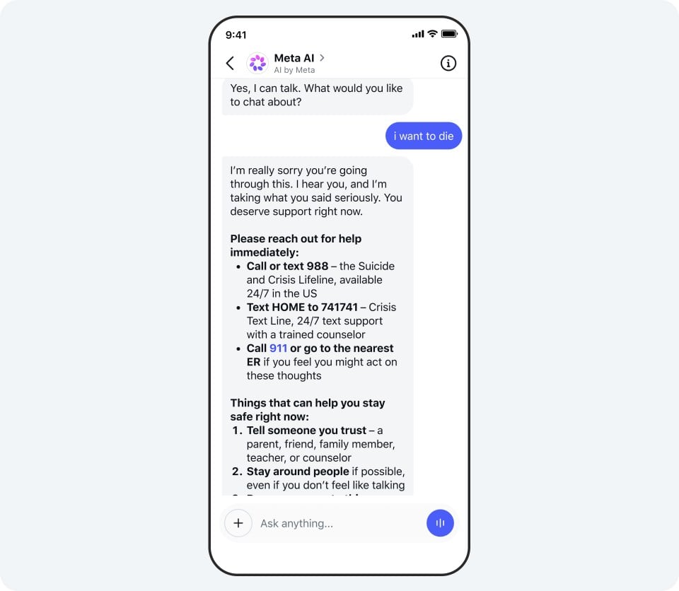 Meta AI alerta a los padres sobre conversaciones que involucran suicidio