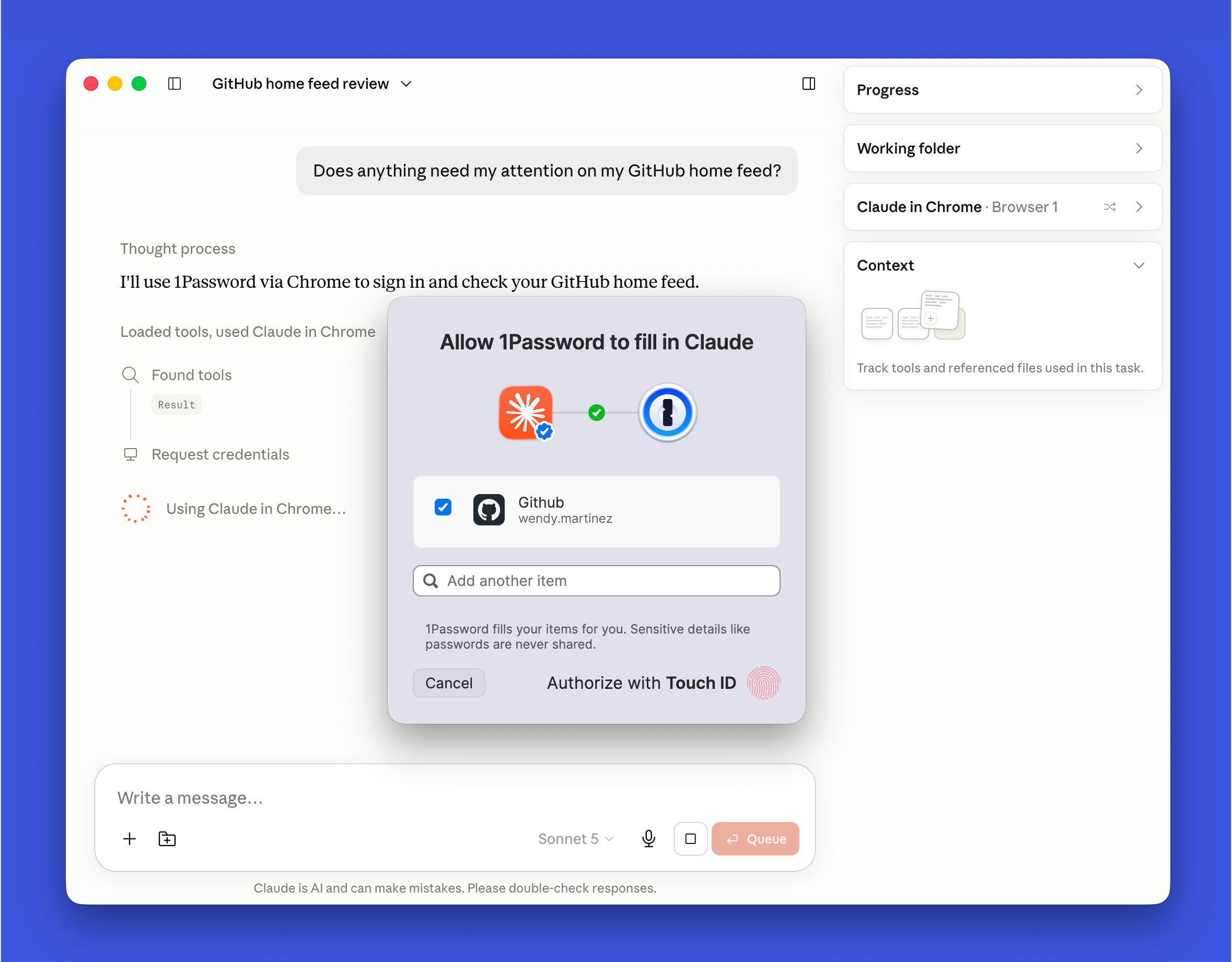 Modo agente entre 1Password y Claude