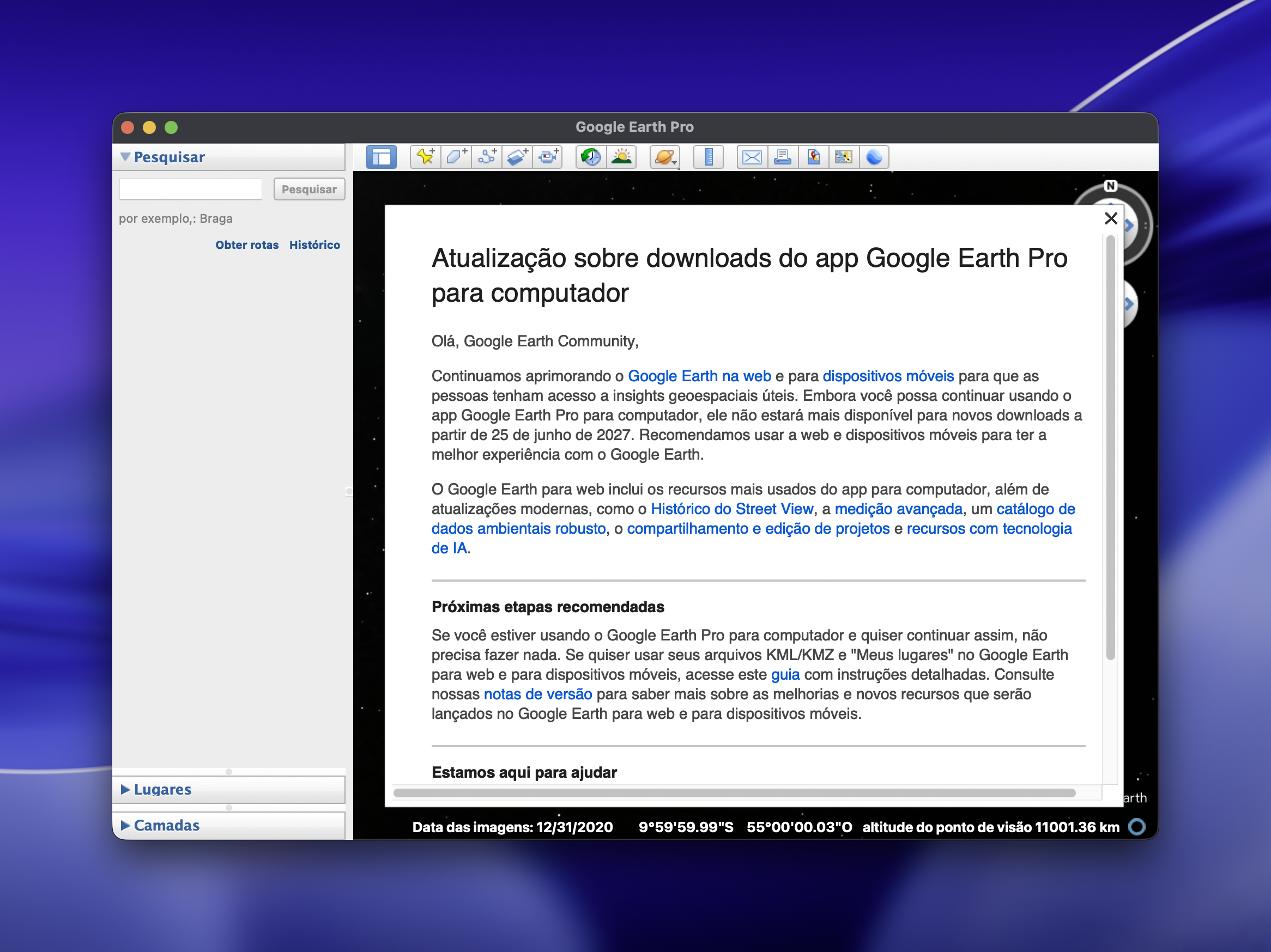 Alerta de discontinuación de Google Earth Pro